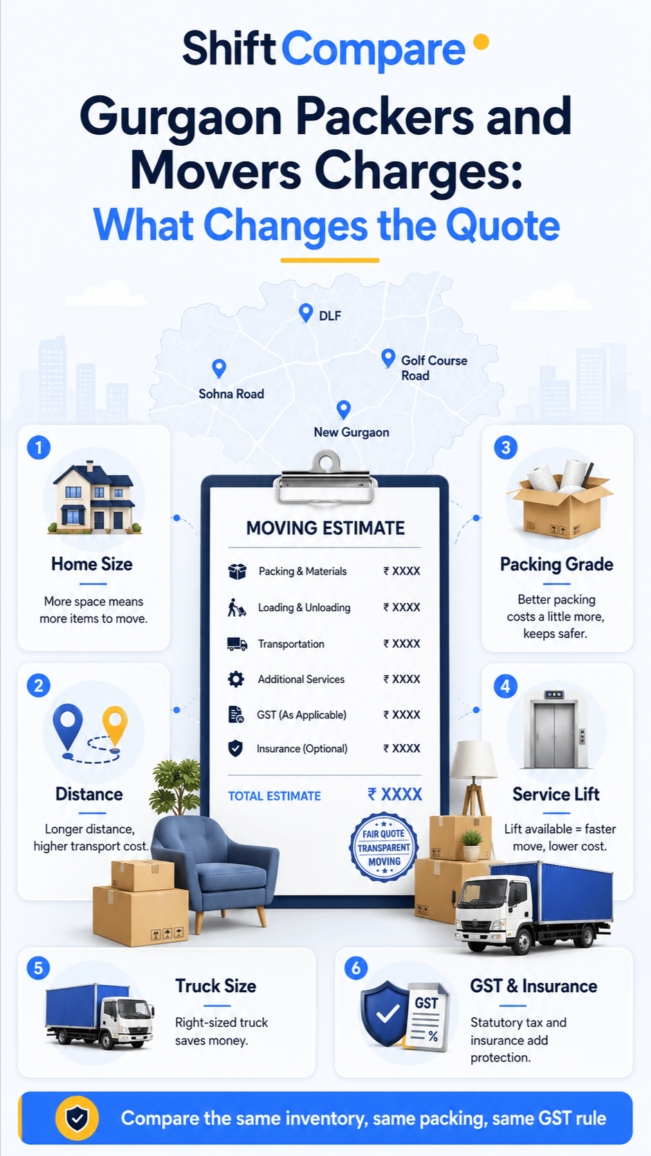 Gurgaon packers movers charges infographic by BHK, route and add-on costs