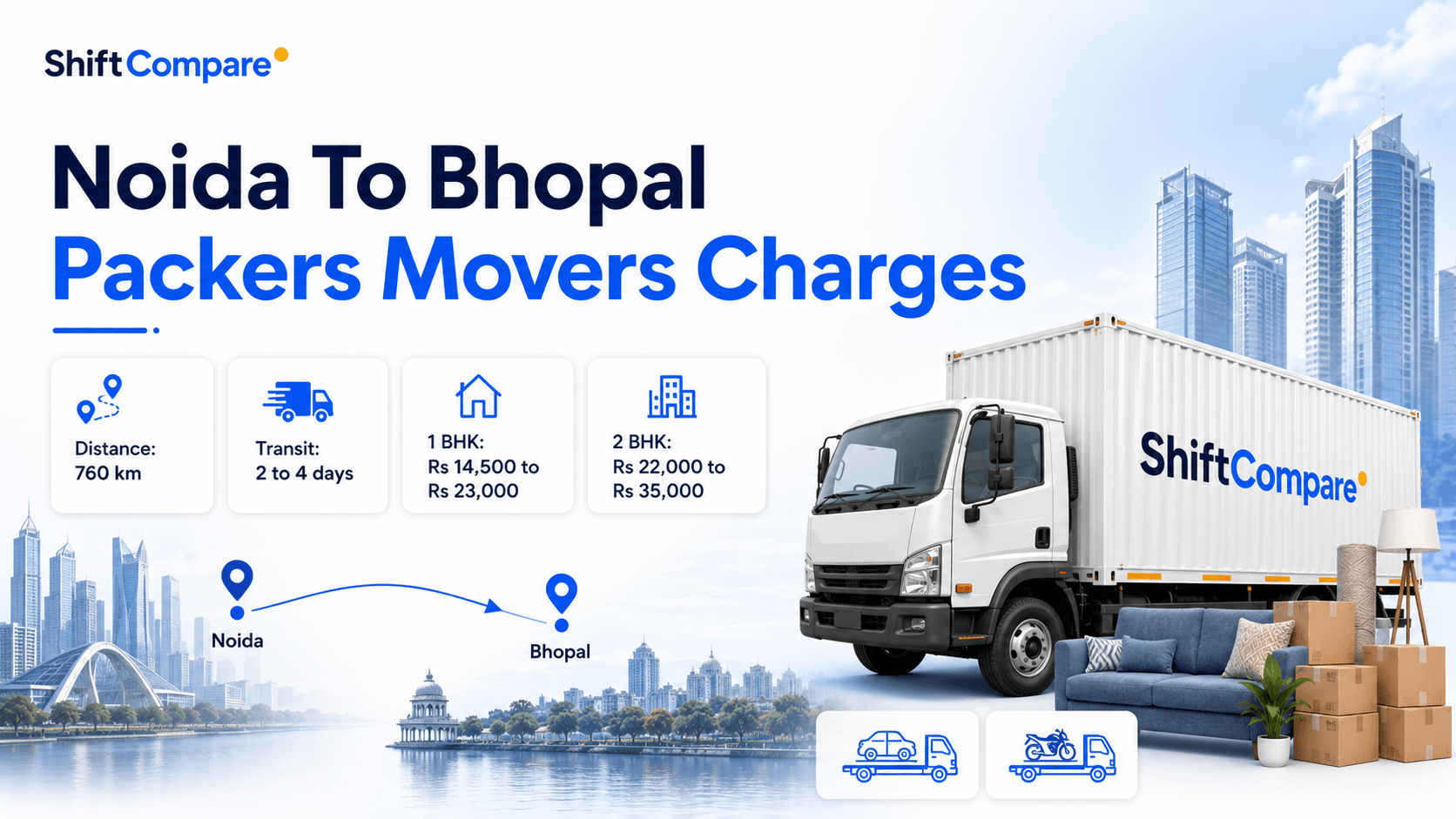 Noida to Bhopal packers and movers charges by BHK, truck mode and delivery timing