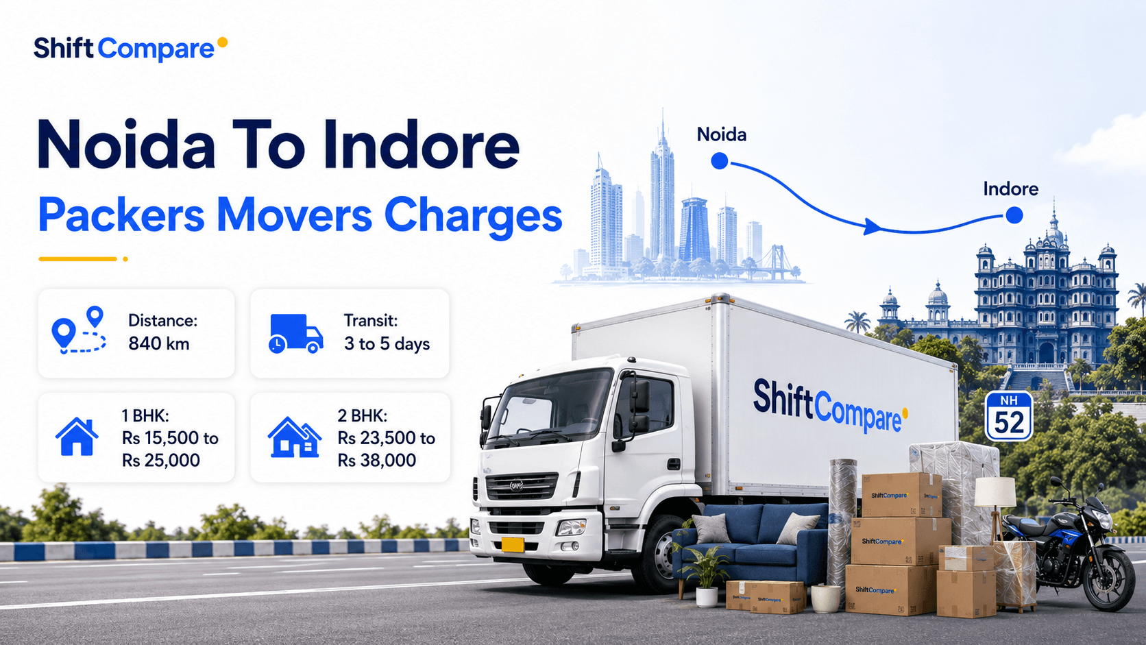 Noida to Indore packers and movers charges by BHK, truck mode and delivery timing