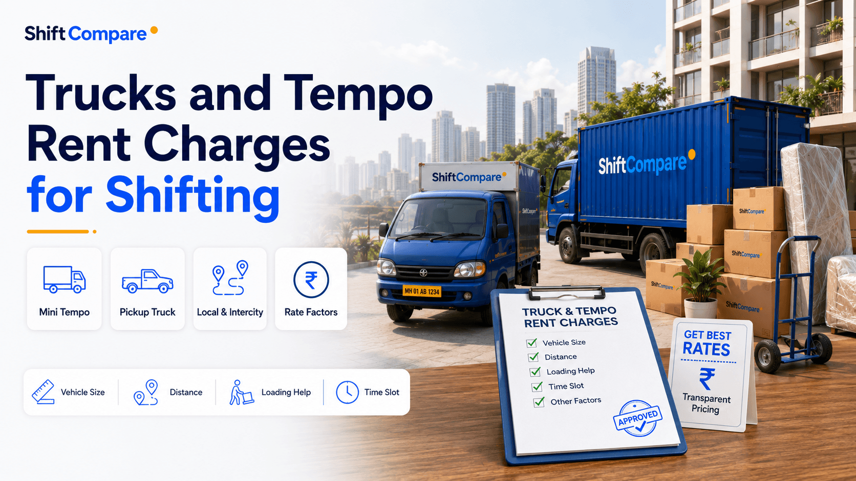 Truck and tempo rent charges for shifting by vehicle size and labour scope